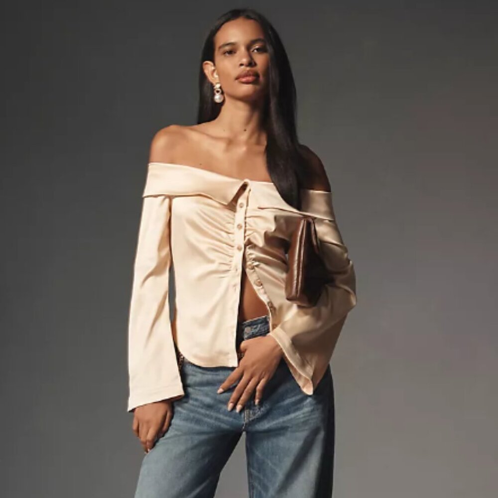 Brand New By Anthropologie Off-The-Shoulder Collared Silky Shirt
